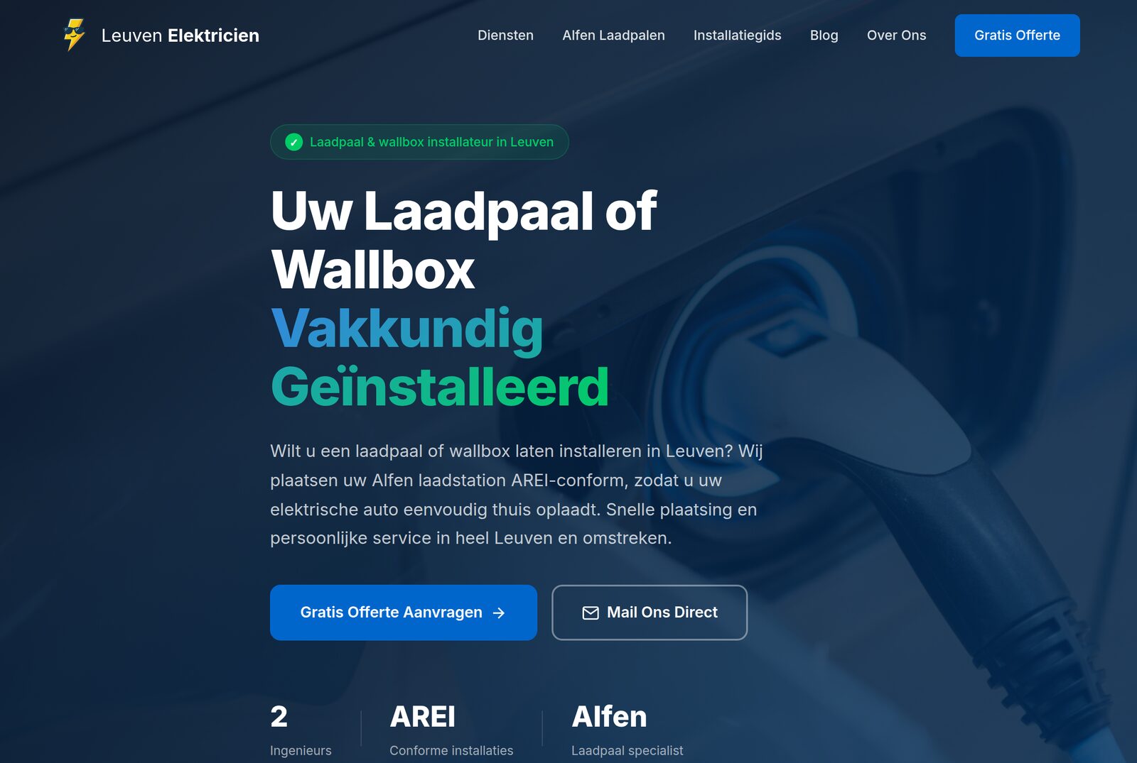 Leuven Elektricien website showing EV charger and wallbox installation services